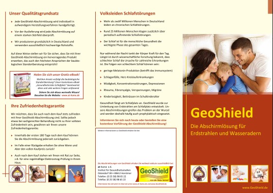 Abschirmlösung für Erdstrahlen und Wasseradern am Schlafplatz - Flyer GeoShield-Download-Sept 2023